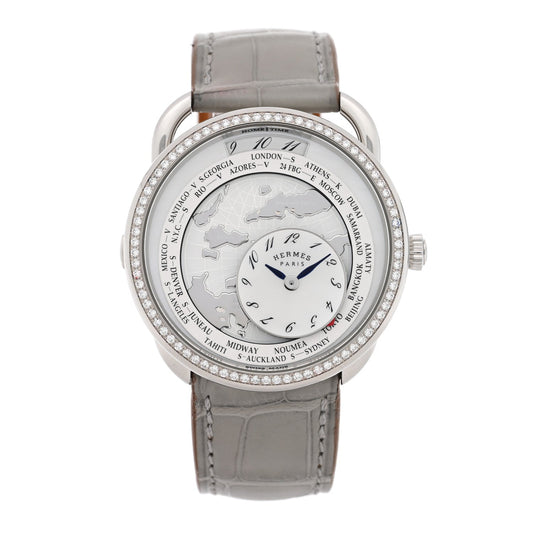 Stainless Steel Alligator Diamond Bezel Mother of Pearl 38mm Arceau Le Temps Voyageur Automatic Watch Gris Perle