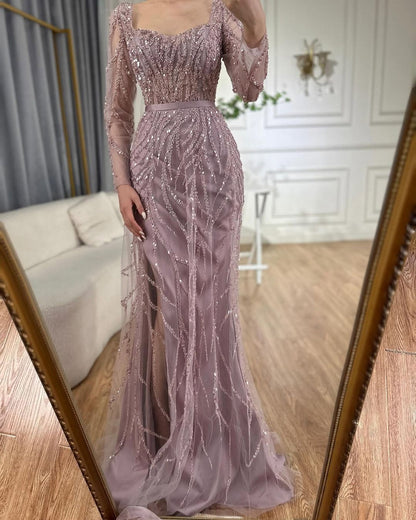 Gorgeous Long Sleeves V-Neck Beads Embroidery Mermaid Prom Dress