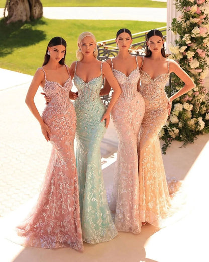 Sleeveless Spaghetti Straps Appliques Beads Mermaid Prom Dress