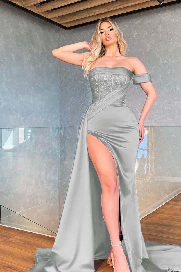 Royal Blue Mermaid Off-the-Shoulder Prom Dress With Slit