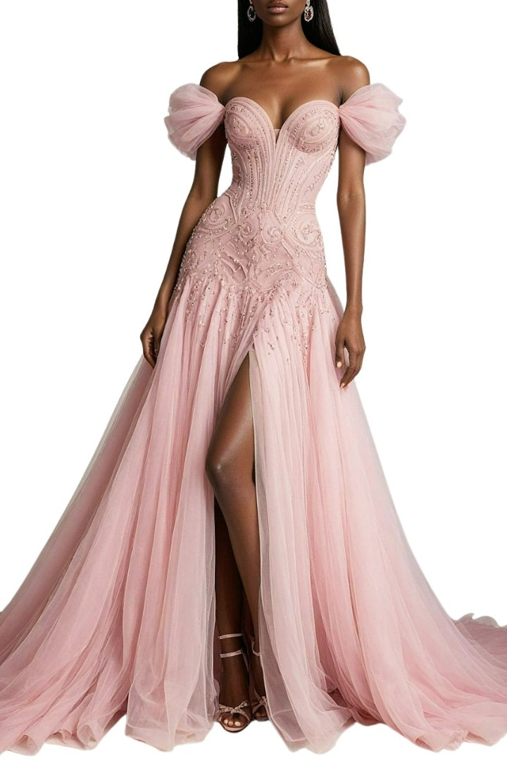 Sleeveless Embroidery Strapless V-Neck Off-Shoulders Prom Dress