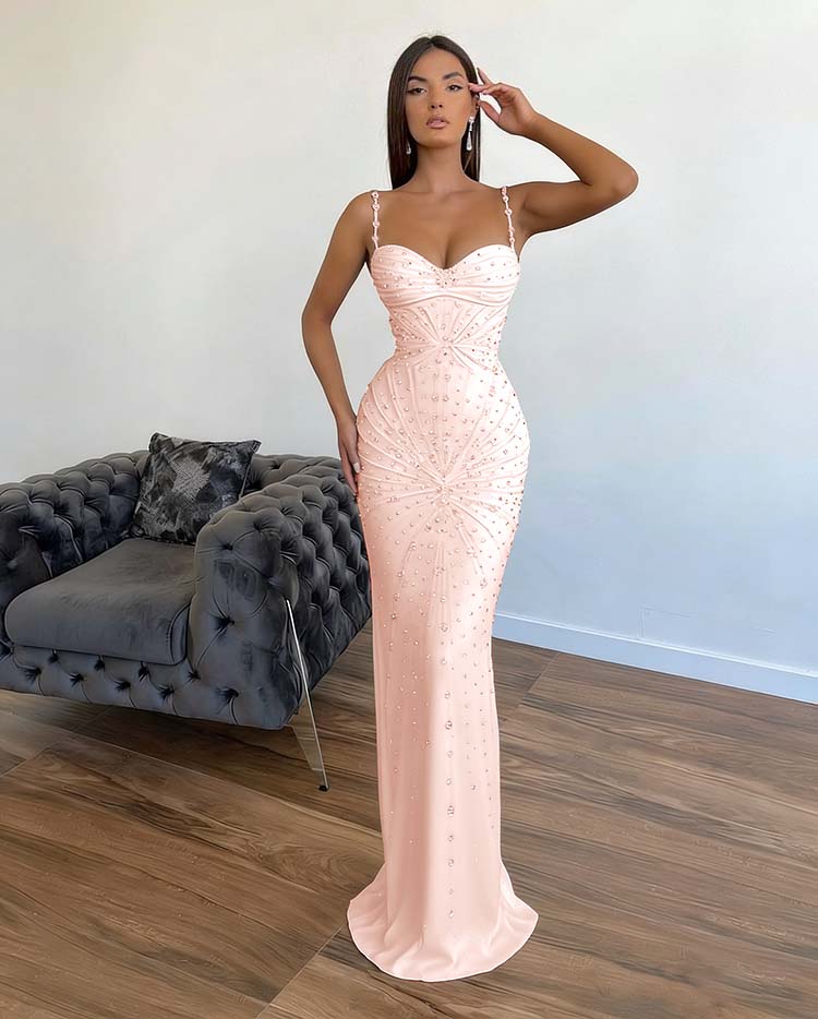 Chic Sleeveless Mermaid Beading Spaghetti Strap Black Prom Dress