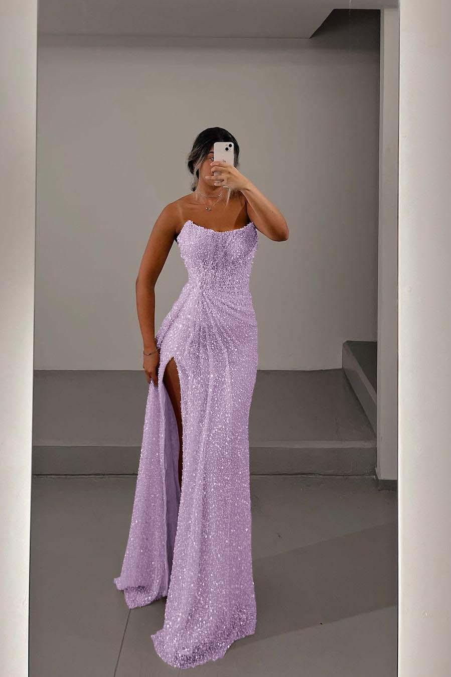 Glamorous Light Pink Sequins Strapless Sleeveless Long Prom Dress with Split
