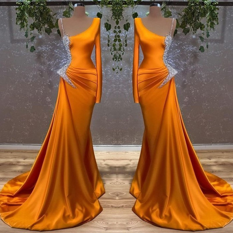 Long Sleeves Mermaid Burnt Orange Prom Dress With Beads