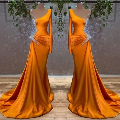 Long Sleeves Mermaid Burnt Orange Prom Dress With Beads