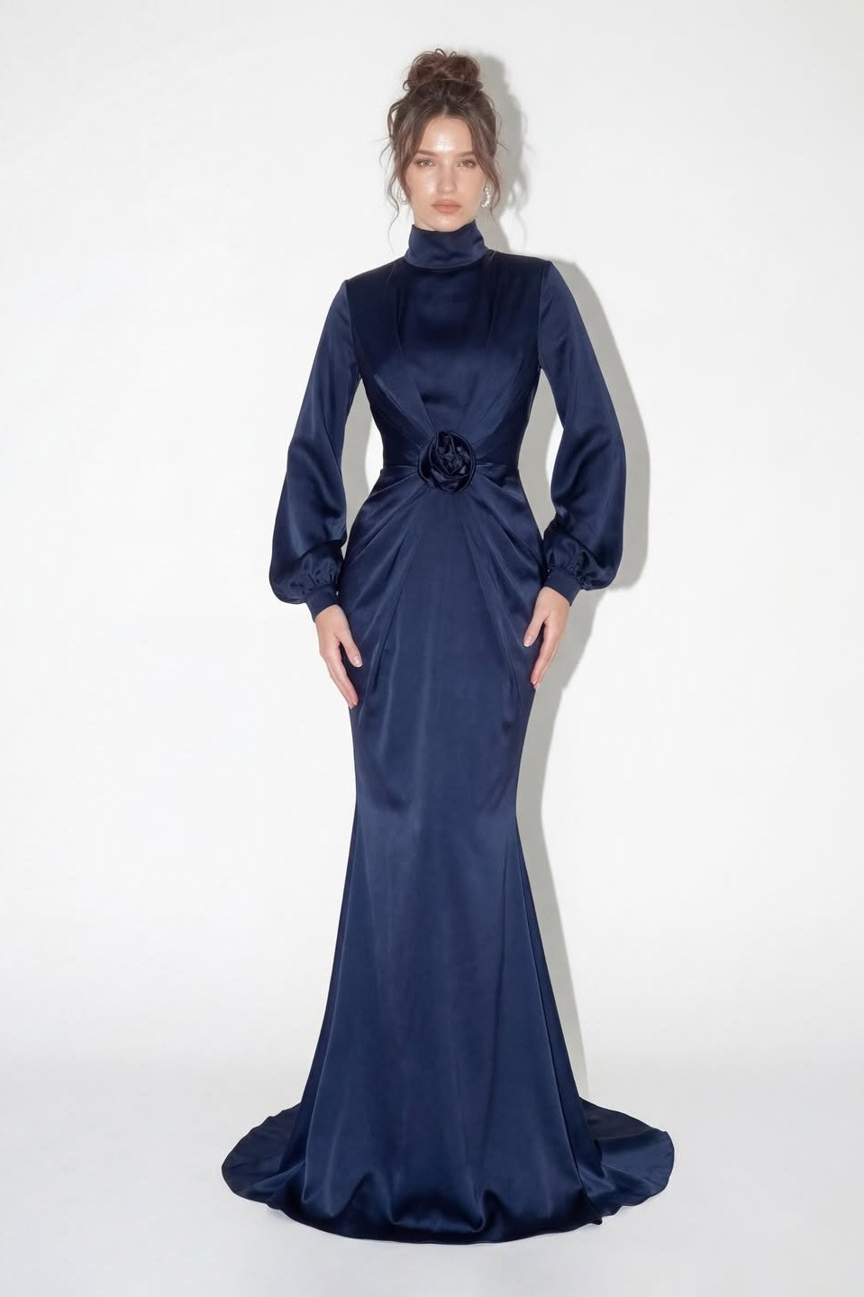 Elegant Long Sleeves High Neck Mermaid Long Evening Dress With Flower
