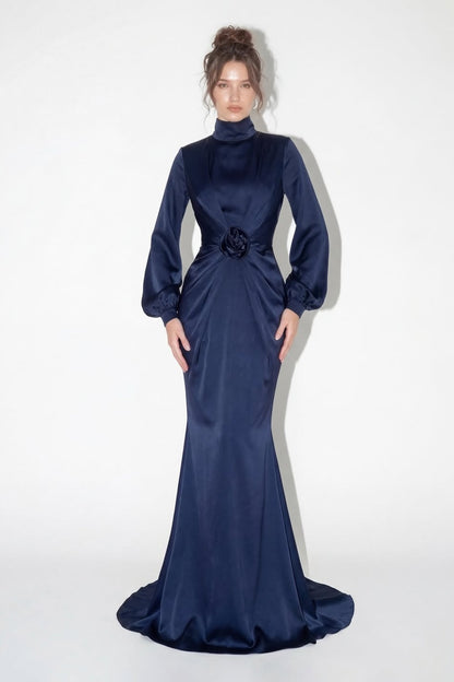 Elegant Long Sleeves High Neck Mermaid Long Evening Dress With Flower