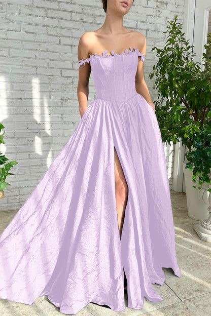Black A Line Off-The-Shoulder Evening Dress Sleeveless Lace Side Split