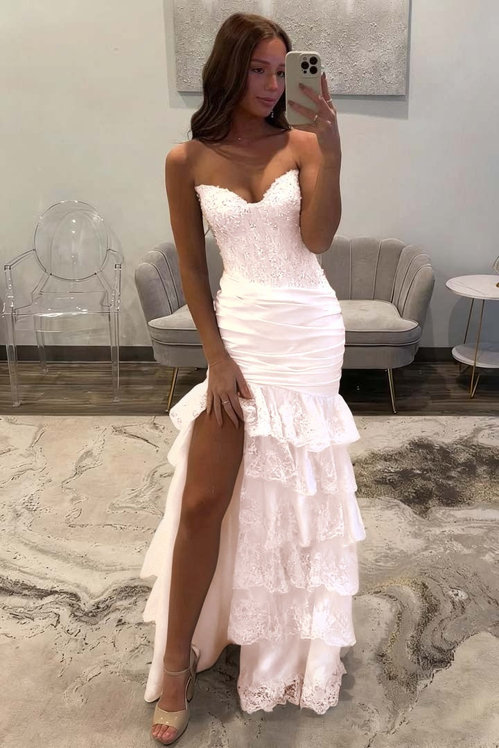 Sleeveless Strapless Long Split Evening Dress With Sequins Pleated
