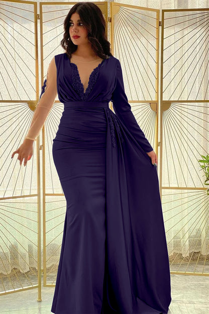 Mermaid Long Sleeves Prom Dress Slit With Ruffle