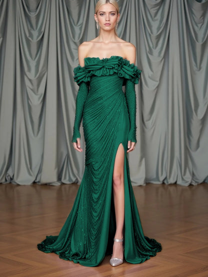Long Sleeves Strapless Mermaid Slit Prom Dress With Sequins