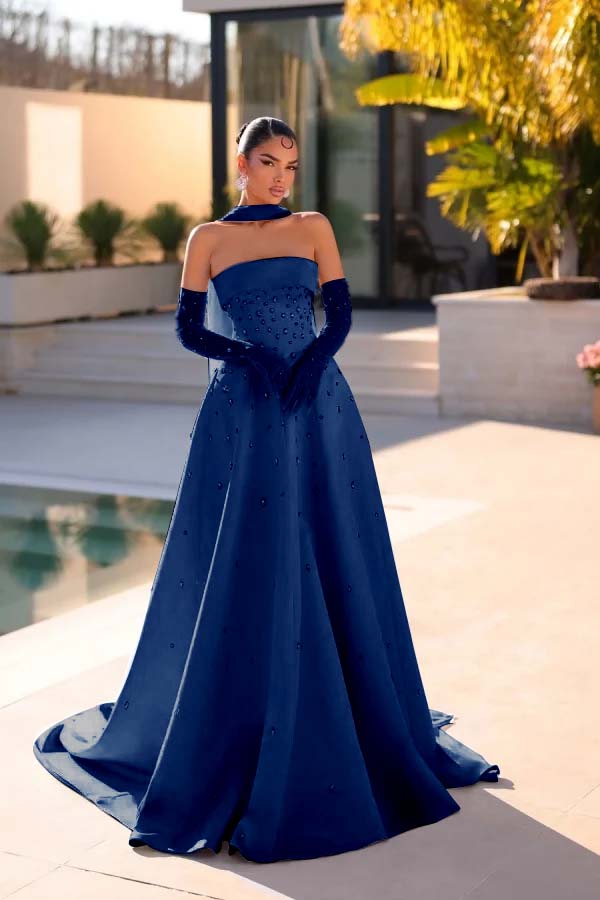 Sleeveless Strapless Long Evening Dress With Appliques Gloves