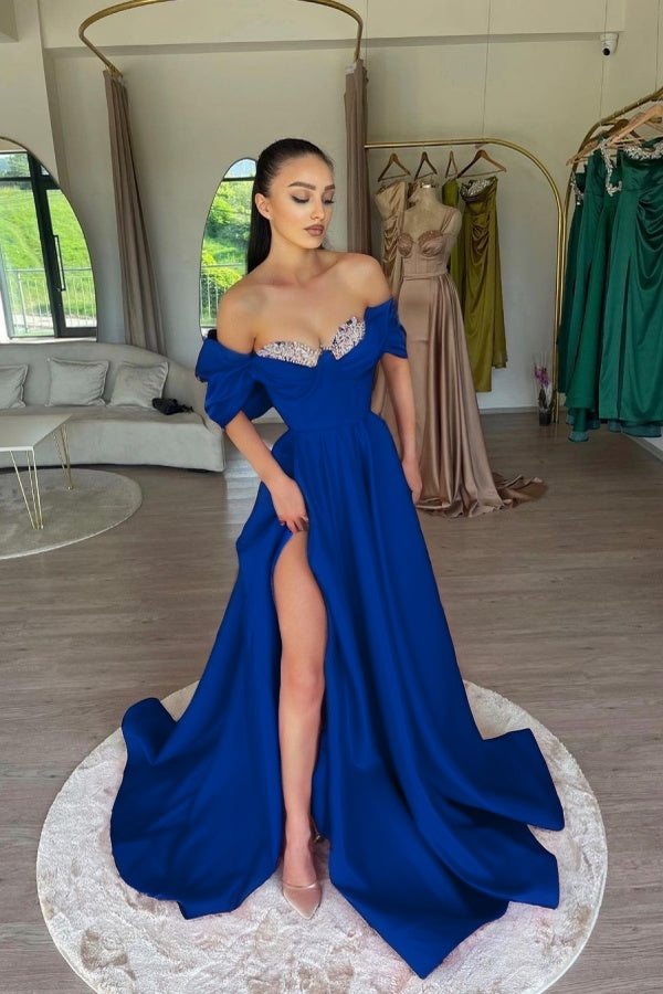 Elegant Fuchsia Off-The-Shoulder Beaded Sweetheart Prom Dress With Split