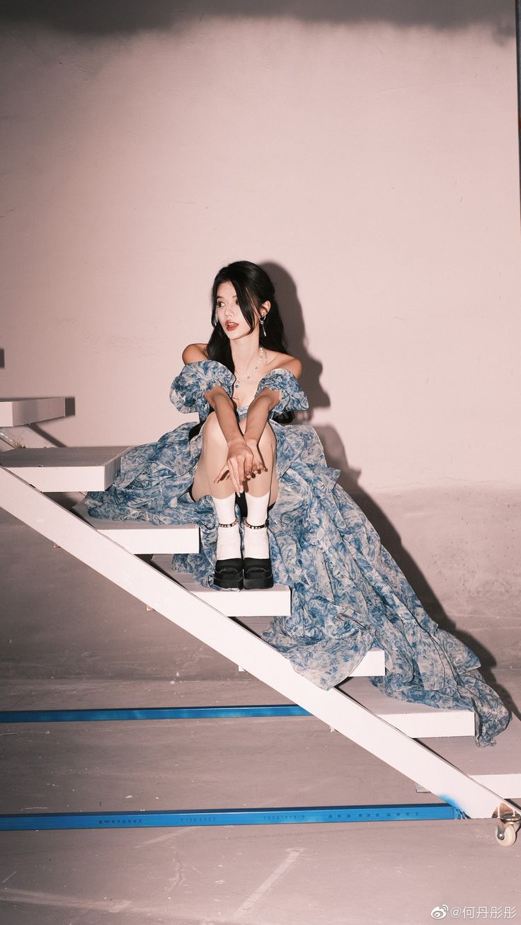 Romantic A Line Puff Sleeve Print Flower Blue Chiffon Party Dress Evening Dress with Slit SH2866