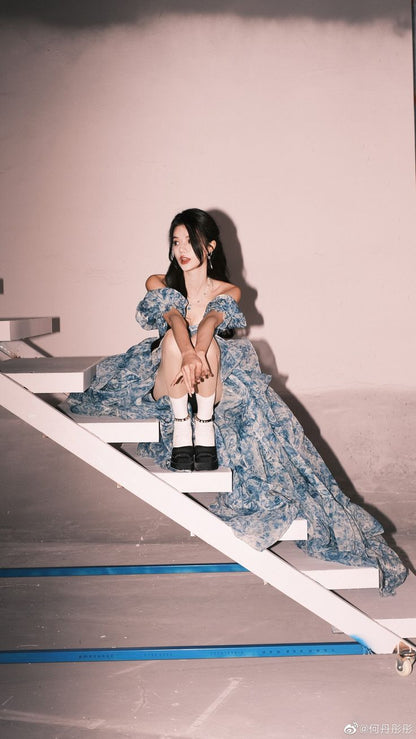 Romantic A Line Puff Sleeve Print Flower Blue Chiffon Party Dress Evening Dress with Slit SH2866