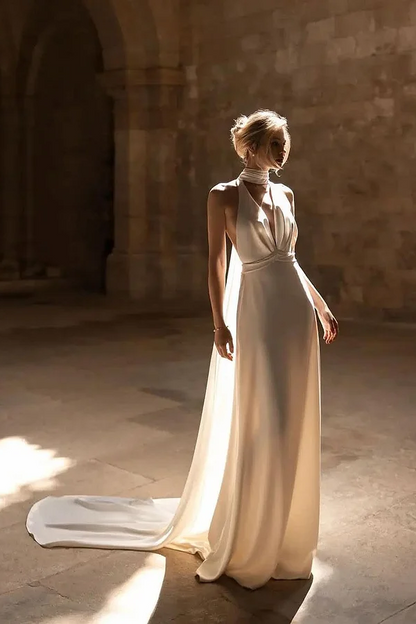 Simple White Sleeveless Halter Straps Deep V-Neck Prom Dress