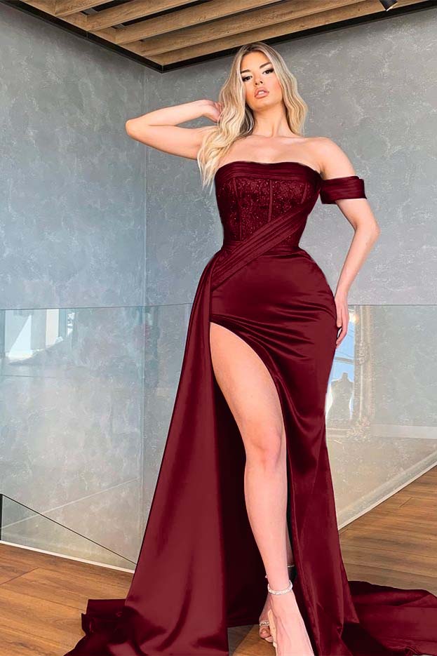 Royal Blue Mermaid Off-the-Shoulder Prom Dress With Slit