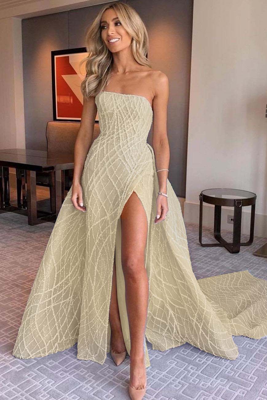 Stunning Light Blue Sleeveless Strapless Long Split Prom Dress with Embroidery