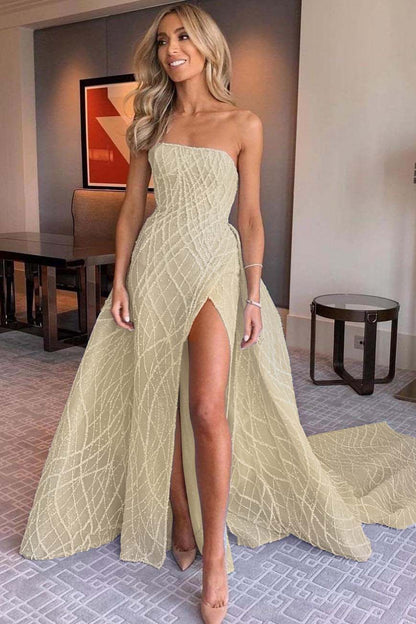 Stunning Light Blue Sleeveless Strapless Long Split Prom Dress with Embroidery