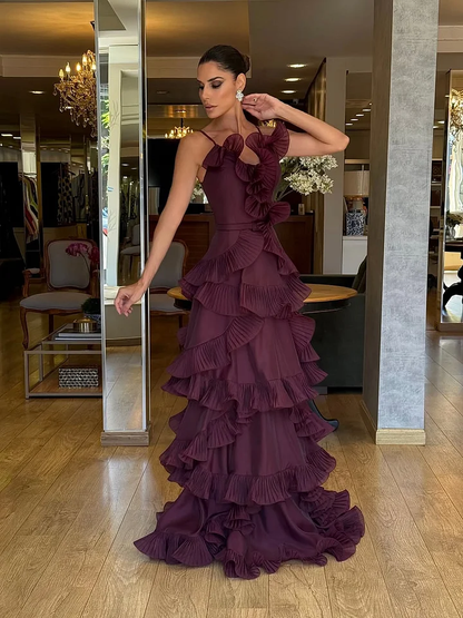 Structured Spaghetti Straps Sleeveless Ruffles Floor Length Evening Dress