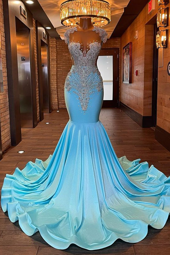 Sleeveless Blue Popular Mermaid Prom Dress Appliques With Beads