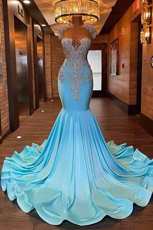 Sleeveless Blue Popular Mermaid Prom Dress Appliques With Beads