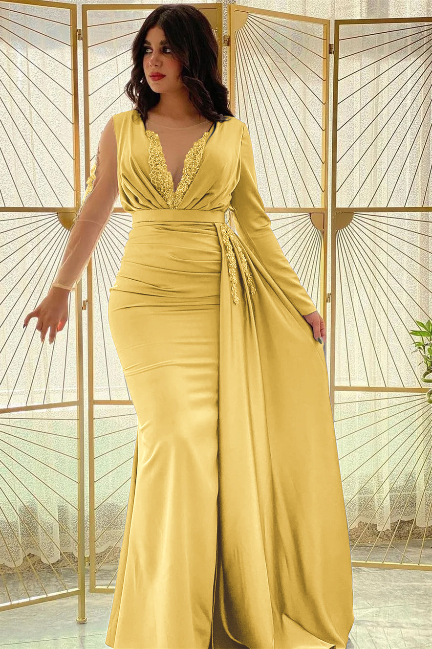 Mermaid Long Sleeves Prom Dress Slit With Ruffle