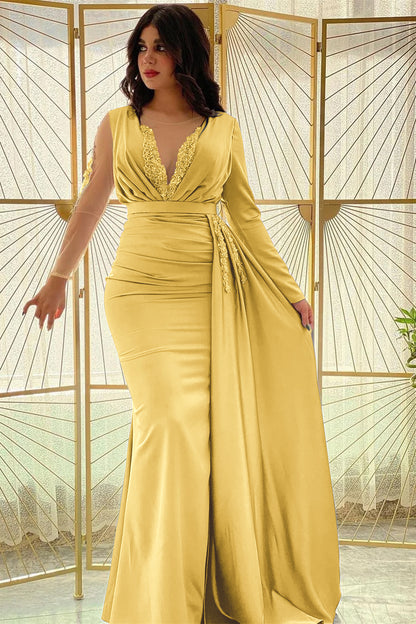 Mermaid Long Sleeves Prom Dress Slit With Ruffle