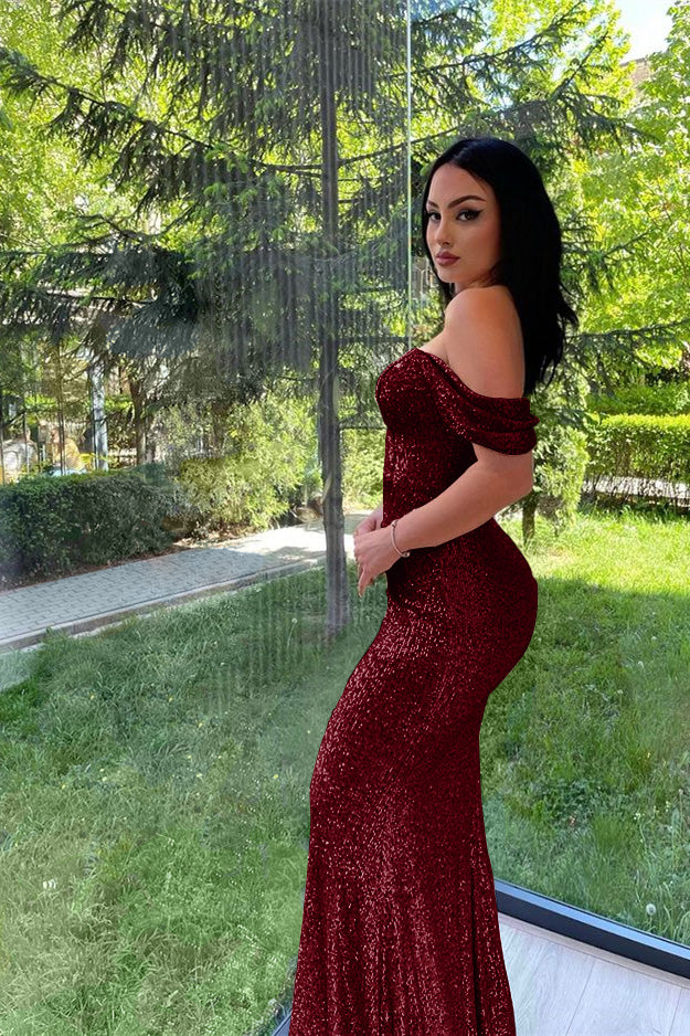 Elegant Split Long sleeves V-Neck Mermaid Prom Dress With Sequins