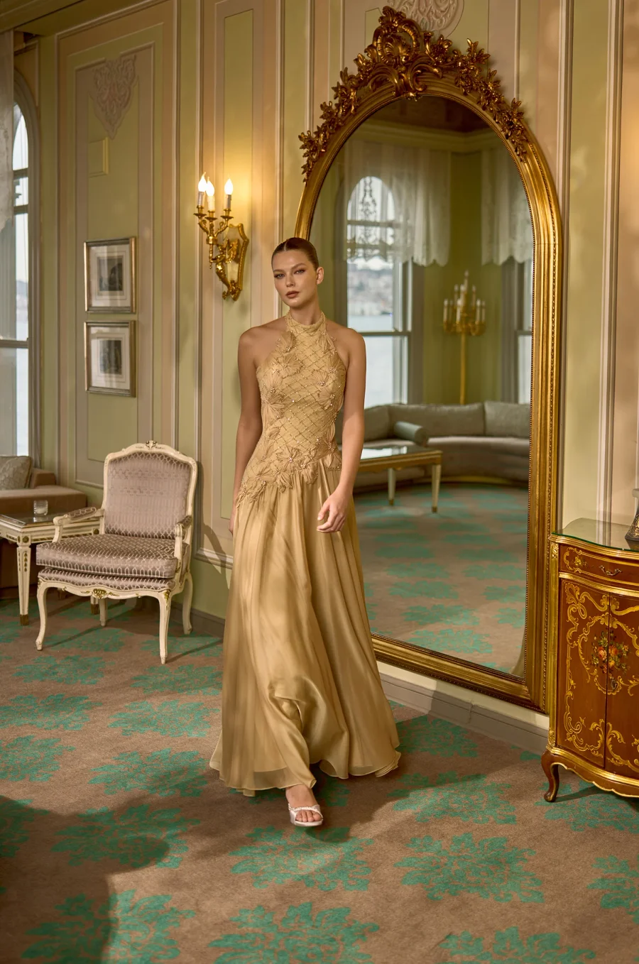 Halter Evening Dress Floor Length Sheath with Beading and Flower