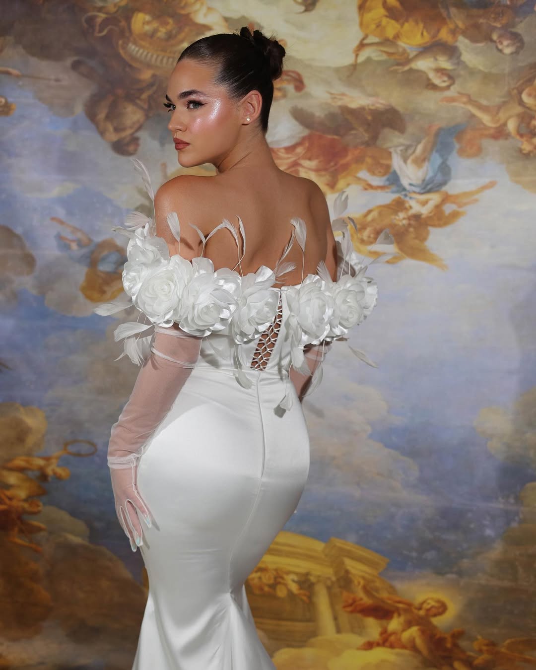 White Off-Shoulders Handmade Flower Mermaid Prom Dress With Plume Long Gloves