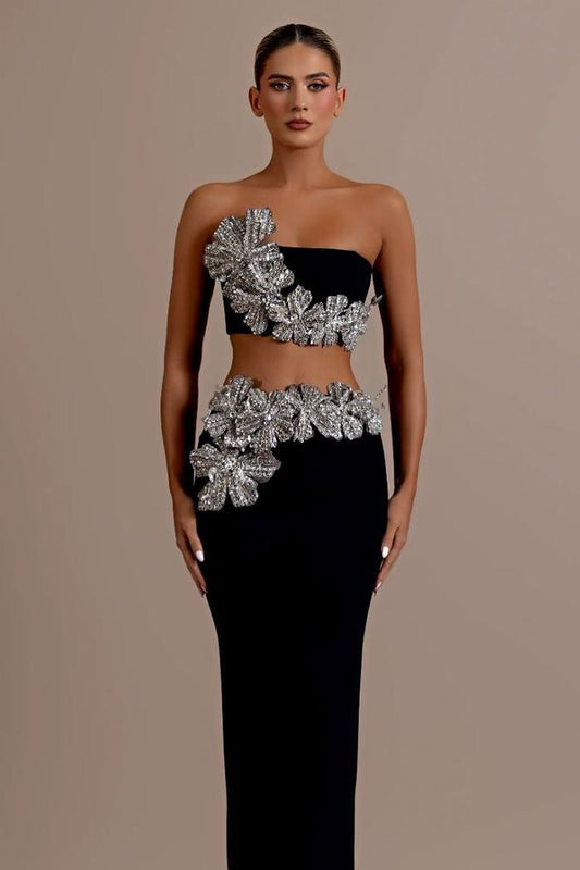 Exquisite Black Velvet Strapless Sleeveless Slim Prom Dress with Rhinestone