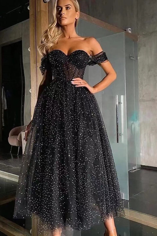 Black Off-The-Shoulder Sweetheart A-Line Beads Prom Dress With Tulle