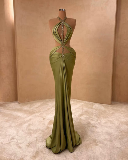 Green Sleeveless Halter Mermaid Beads Prom Dress