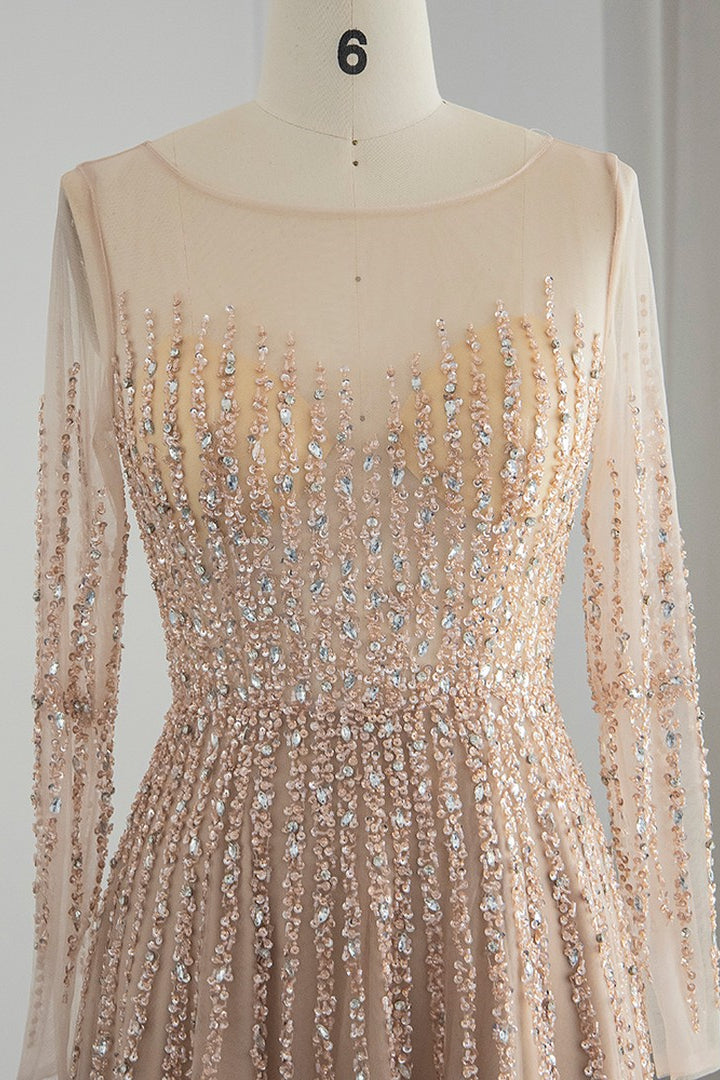 Champagne Jewel Neck A Line Prom Dress Long Sleeves Tulle With Appliques