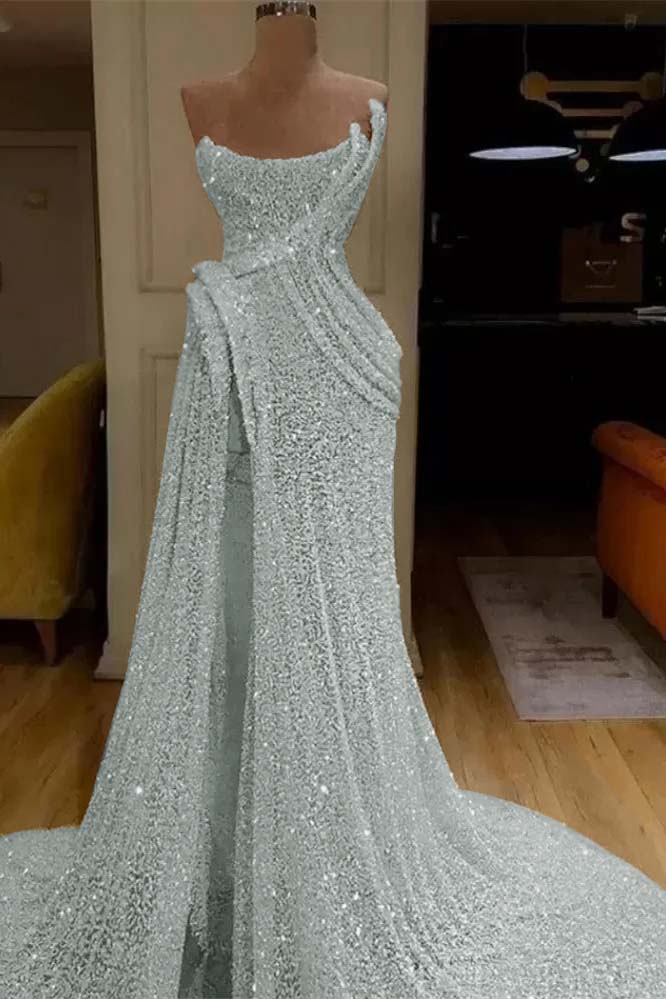 Mermaid Strapless Long Prom Dress Slit With Sequins