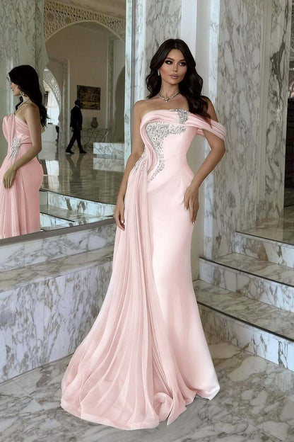 Elegant Pink Satin One Shoulder Beaded Strapless Prom Dress with Train
