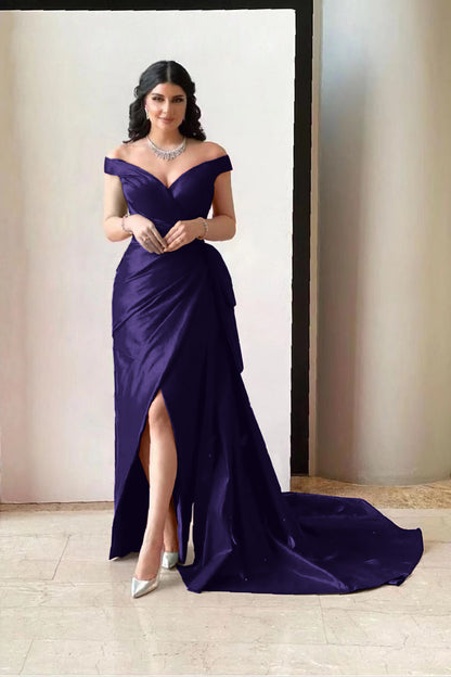 Amazing Fuchsia Off-The-Shoulder V-Neck Split Prom Dress With Pleated