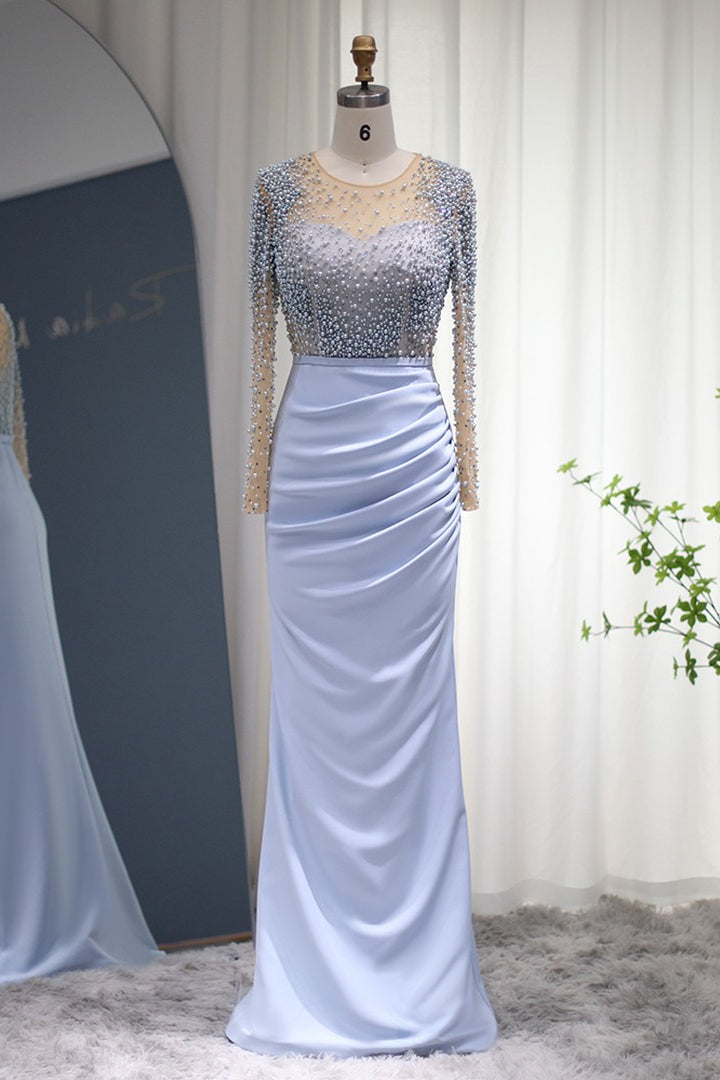 Jewel Neck Mermaid Prom Dress Long Sleeves With Beaded Wrinkled