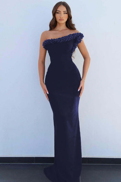 Black One Shoulder Sleeveless Mermaid Long Prom Dress With Beading