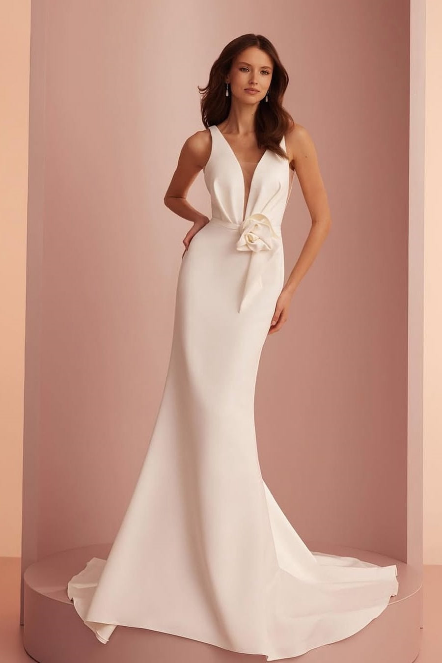 White Sleeveless Deep V-Neck Mermaid Handmade Flower Prom Dress