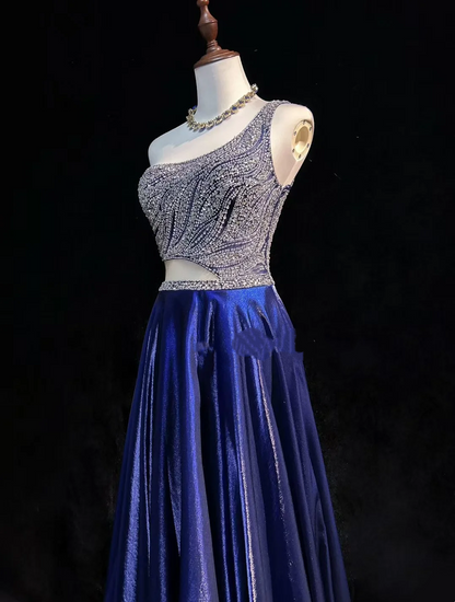One Shoulder Royal Blue Prom Party Dress Beads Evening Gowns  fg8595