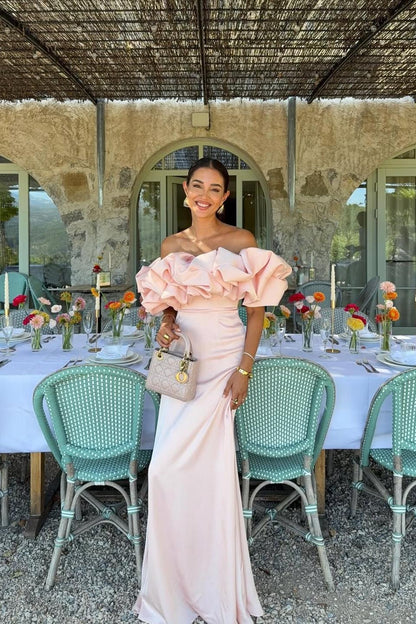 Satin Sleeveless Off-The-Shoulder Long Evening Dress With Pleated
