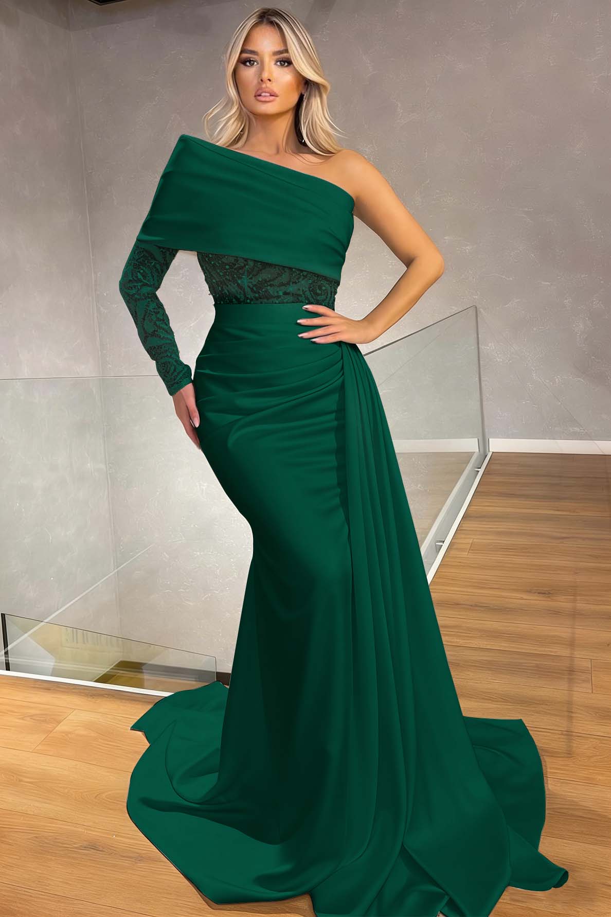 Sexy One Shoulder Long Sleeve Mermaid Evening Dress With Ruffles Sequins