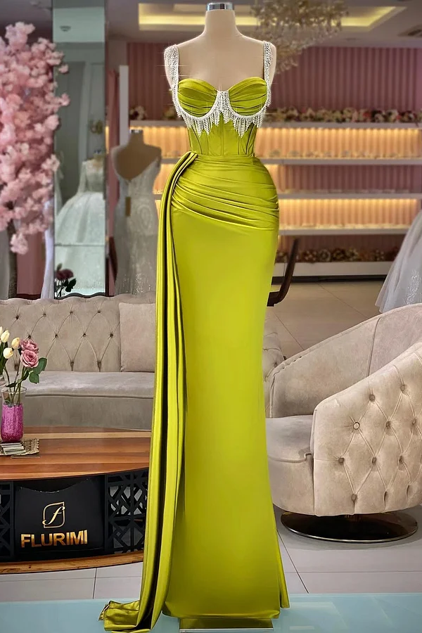 Elegant Green Sleeveless Straps Beadings Pleated Prom Dress