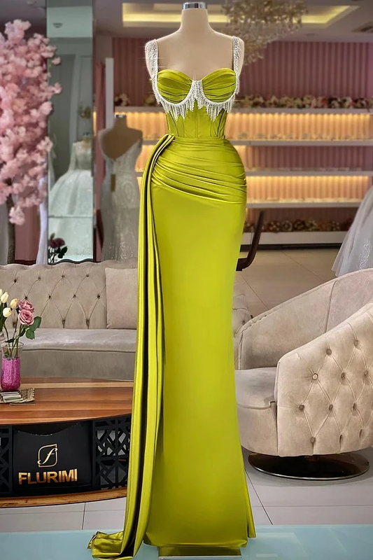 Elegant Green Sleeveless Straps Beadings Pleated Prom Dress