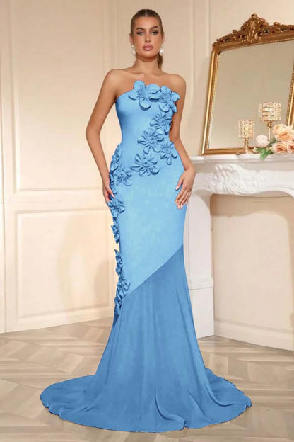 Elegant Sleeveless Satin Square Strapless Mermaid Prom Dress With Handmade Flower