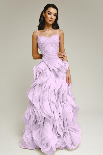 Sleeveless Exquisite Beaded Bustier Prom Dress with Cascading 3D Ruffles