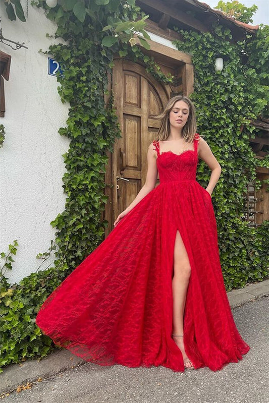 Evening Dress With Sleeveless Appliques Online Front Slit Red