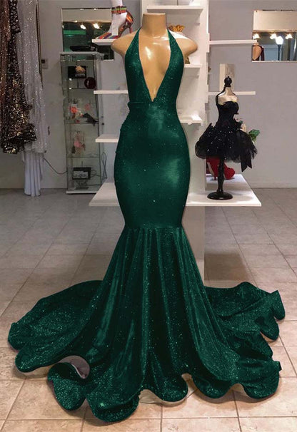 V-Neck Mermaid Evening Dress Halter With Sequins
